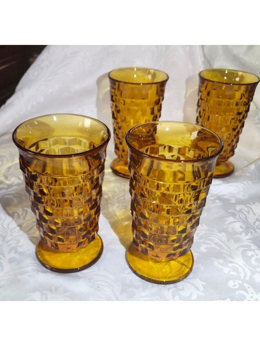 Set Of 4 Vintage Colony Whitehall Amber Glass Footed Iced Tea Tumblers - Picture 3 of 10